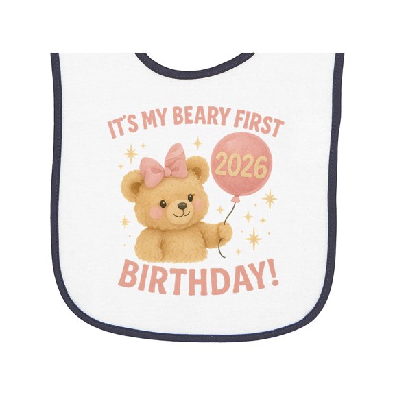 Inktastic Beary First Birthday 2026 Teddy Bear Baby Terry Cloth Bib