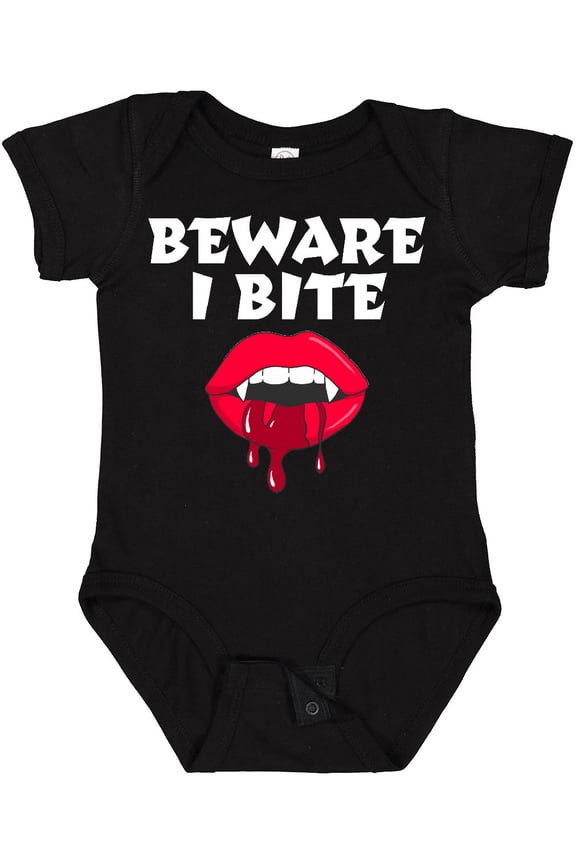 Beware I Bite with Vampire Fangs Vector Drawing in White Text Boys or Girls Baby Bodysuit
