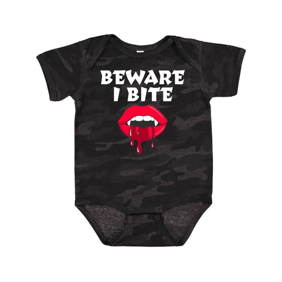 Inktastic Beware I Bite with Vampire Fangs Vector Drawing in White Text Boys or Girls Baby Bodysuit