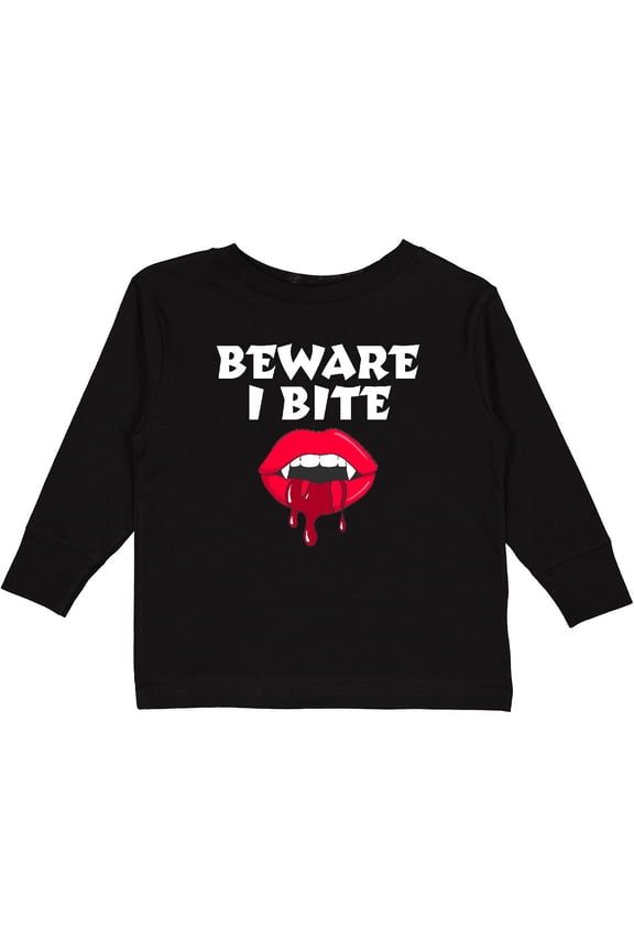 Beware I Bite with Vampire Fangs Vector Drawing in White Text Boys or Girls Long Sleeve Toddler T-Shirt