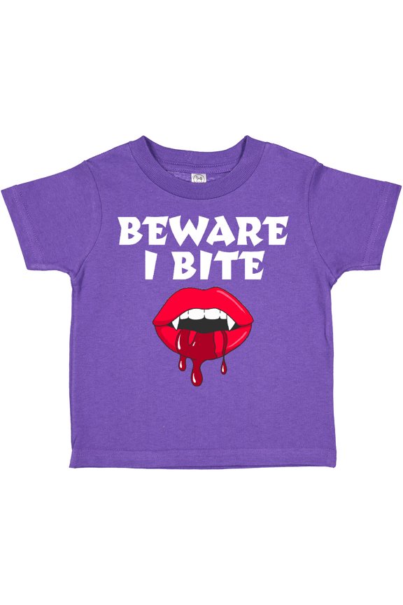 Beware I Bite with Vampire Fangs Vector Drawing in White Text Boys or Girls Toddler T-Shirt