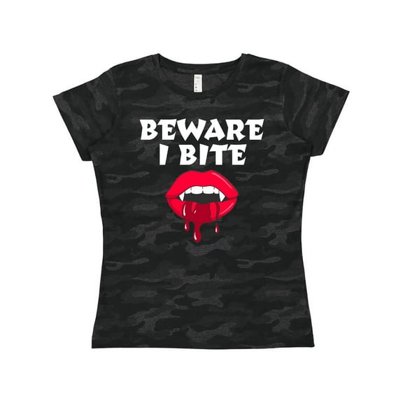 Inktastic Beware I Bite with Vampire Fangs Vector Drawing in White Text Women's T-Shirt