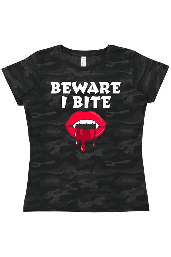 Beware I Bite with Vampire Fangs Vector Drawing in White Text Women's T-Shirt