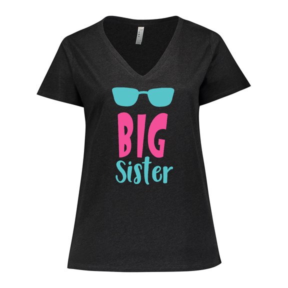 Inktastic Big Sister, Older Sister, Sunglasses - Blue Pink Women's Plus Size V-Neck T-Shirt