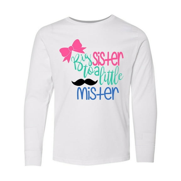 Inktastic Big Sister to a Little Mister Bow and Mustache Long Sleeve Youth T-Shirt