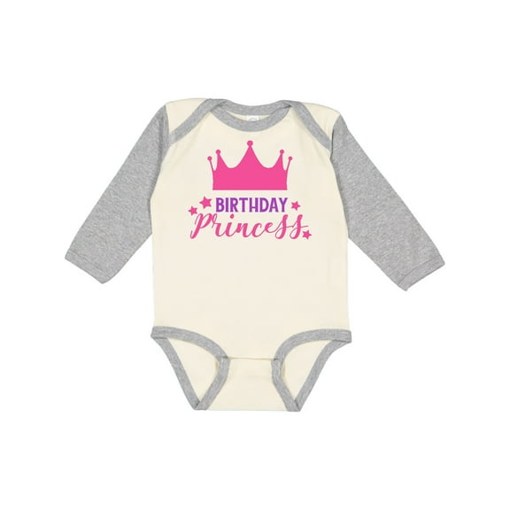 Inktastic Birthday Princess, Crown, Stars - Pink Purple Girls Long Sleeve Baby Bodysuit