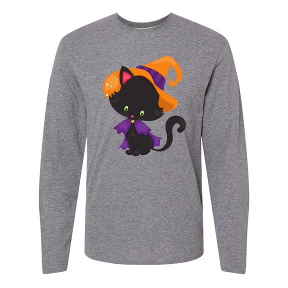 Inktastic Black Cat, Cat Wearing Witch Hat, Halloween Long Sleeve T-Shirt
