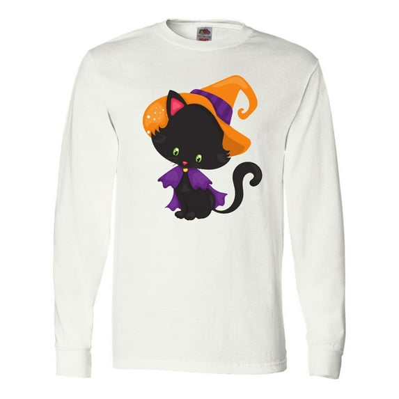 Inktastic Black Cat, Cat Wearing Witch Hat, Halloween Long Sleeve T-Shirt