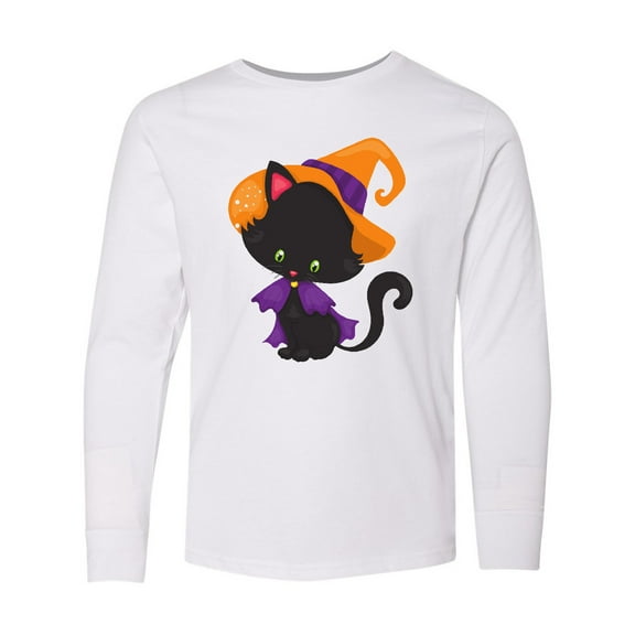 Inktastic Black Cat, Cat Wearing Witch Hat, Halloween Long Sleeve Youth T-Shirt
