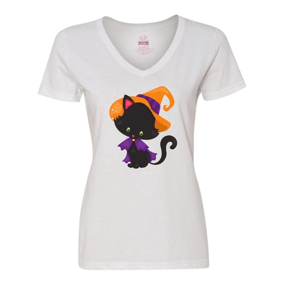 Inktastic Black Cat, Cat Wearing Witch Hat, Halloween Women's V-Neck T-Shirt
