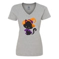 thumbnail image 1 of Inktastic Black Cat, Cat Wearing Witch Hat, Halloween Women's V-Neck T-Shirt, 1 of 5