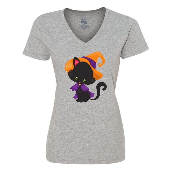 Inktastic Black Cat, Cat Wearing Witch Hat, Halloween Women's V-Neck T-Shirt