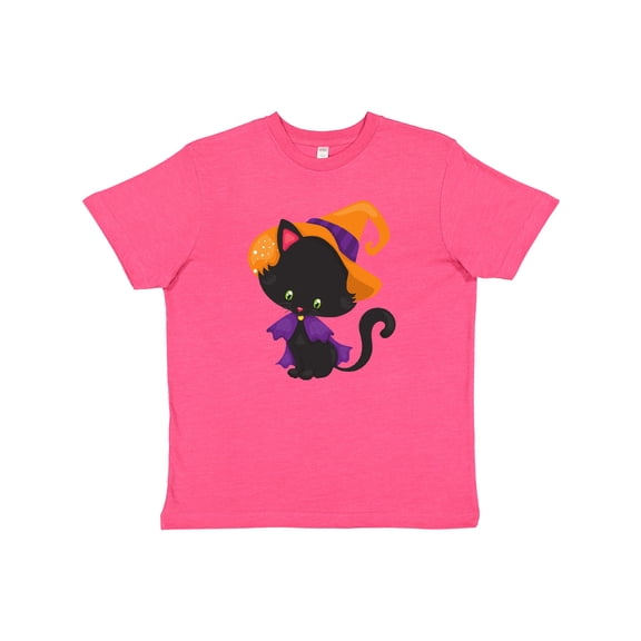 Inktastic Black Cat, Cat Wearing Witch Hat, Halloween Youth T-Shirt