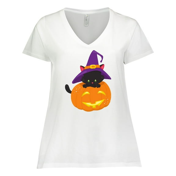 Inktastic Black Cat, Pumpkin, Cat With Witch Hat, Halloween Women's Plus Size V-Neck T-Shirt