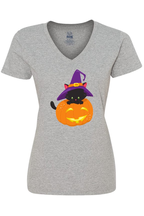 Black Cat, Pumpkin, Cat With Witch Hat, Halloween Women's V-Neck T-Shirt