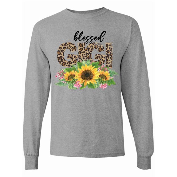 Inktastic Blessed Gigi Distressed Leopard Print and Sunflowers Long Sleeve T-Shirt