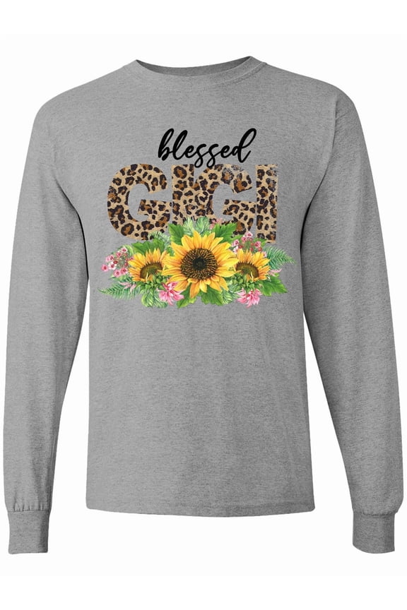 Blessed Gigi Distressed Leopard Print and Sunflowers Long Sleeve T-Shirt