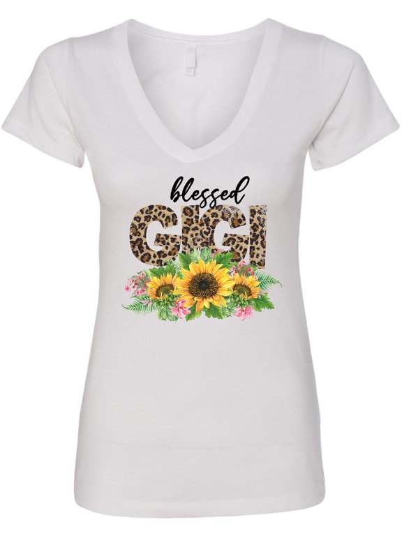 Blessed Gigi Distressed Leopard Print and Sunflowers Women's V-Neck T-Shirt