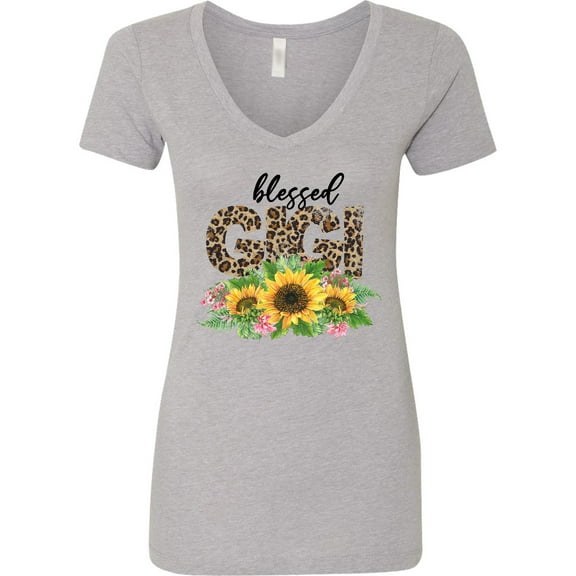 Inktastic Blessed Gigi Distressed Leopard Print and Sunflowers Women's V-Neck T-Shirt