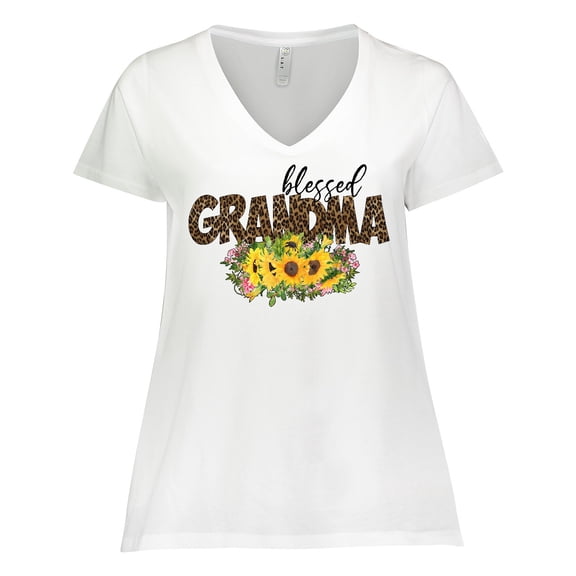 Inktastic Blessed Grandma Sunflowers and Leopard Print Women's Plus Size V-Neck T-Shirt