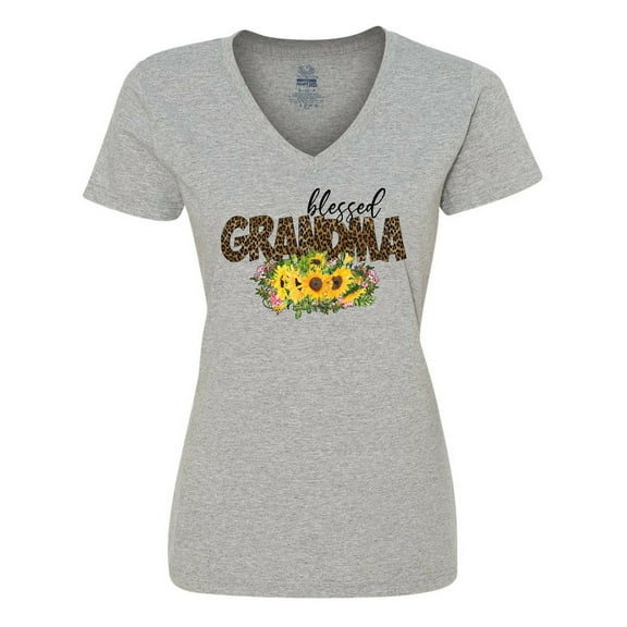 Inktastic Blessed Grandma Sunflowers and Leopard Print Women's V-Neck T-Shirt