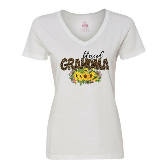 Inktastic Blessed Grandma Sunflowers and Leopard Print Women's V-Neck T-Shirt