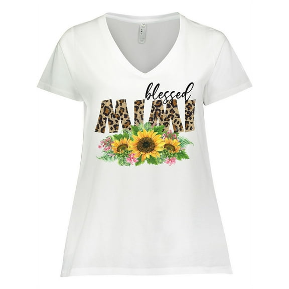 Inktastic Blessed Mimi Leopard Print and Sunflowers Women's Plus Size V-Neck T-Shirt