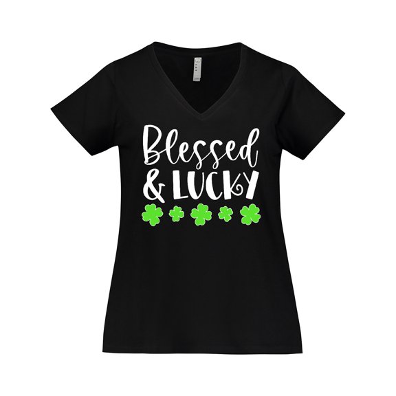 Inktastic Blessed and Lucky 4 Leaf Clovers St. Patrick's Day Women's Plus Size V-Neck T-Shirt