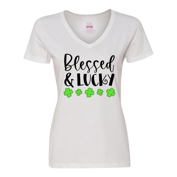 Inktastic Blessed and Lucky 4 Leaf Clovers St. Patrick's Day Women's V-Neck T-Shirt