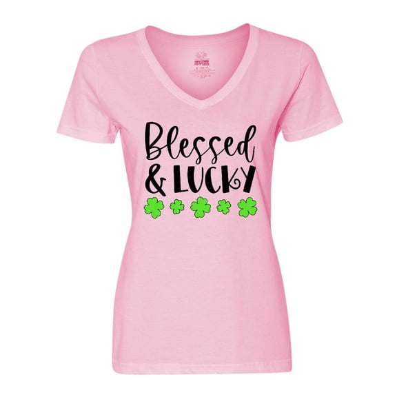 Inktastic Blessed and Lucky 4 Leaf Clovers St. Patrick's Day Women's V-Neck T-Shirt