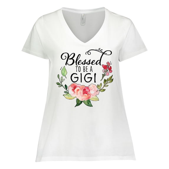 Inktastic Blessed to Be a Gigi with Pink Flowers Women's Plus Size V-Neck T-Shirt