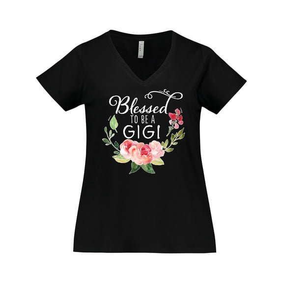 Inktastic Blessed to Be a Gigi with Pink Flowers Women's Plus Size V-Neck T-Shirt