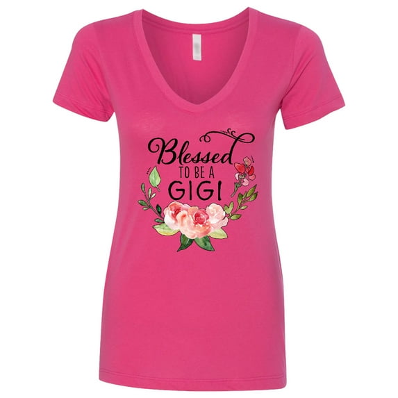 Inktastic Blessed to Be a Gigi with Pink Flowers Women's V-Neck T-Shirt