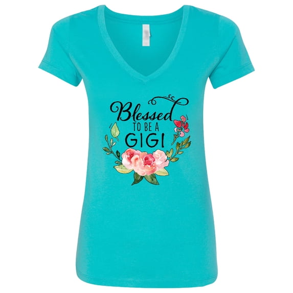 Inktastic Blessed to Be a Gigi with Pink Flowers Women's V-Neck T-Shirt