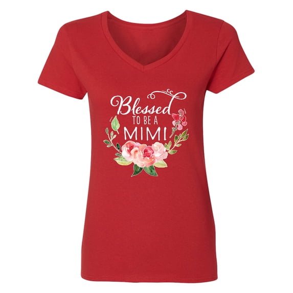 Inktastic Blessed to Be a Mimi with Pink Flowers Women's V-Neck T-Shirt