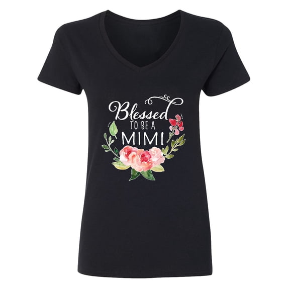 Inktastic Blessed to Be a Mimi with Pink Flowers Women's V-Neck T-Shirt