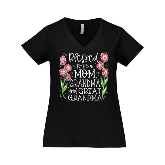 Inktastic Blessed to Be a Mom, Grandma, and Great Grandma Pink Flowers Women's Plus Size V-Neck T-Shirt