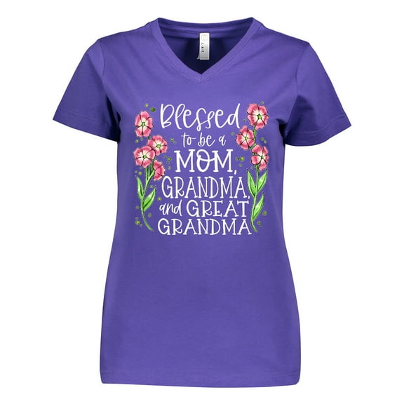 Inktastic Blessed to Be a Mom, Grandma, and Great Grandma Pink Flowers Women's V-Neck T-Shirt