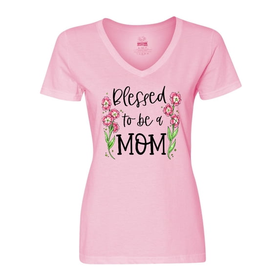 Inktastic Blessed to Be a Mom Pink Flowers Women's V-Neck T-Shirt