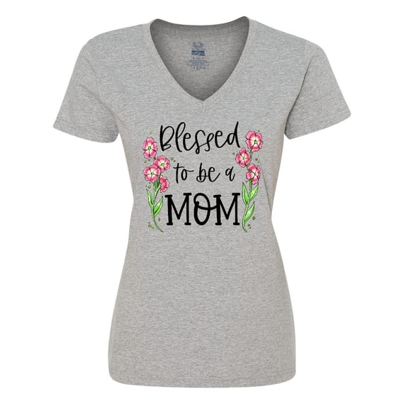 Inktastic Blessed to Be a Mom Pink Flowers Women's V-Neck T-Shirt