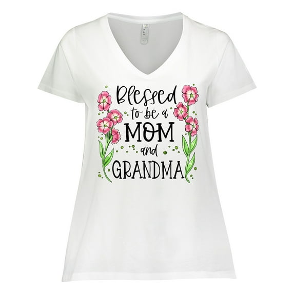 Inktastic Blessed to Be a Mom and Grandma Pink Flowers Women's Plus Size V-Neck T-Shirt