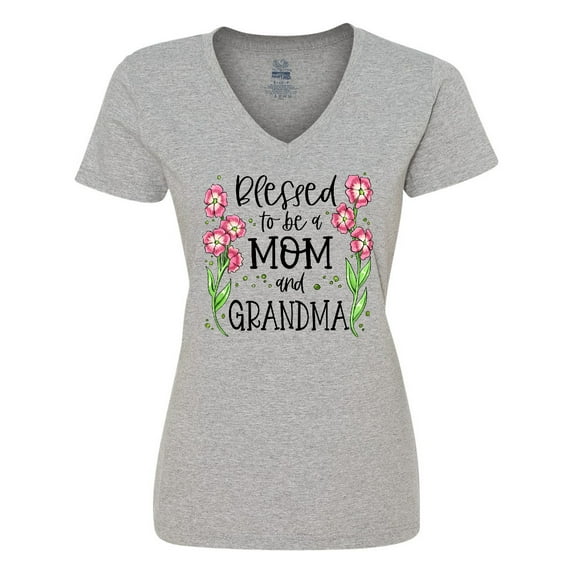 Inktastic Blessed to Be a Mom and Grandma Pink Flowers Women's V-Neck T-Shirt