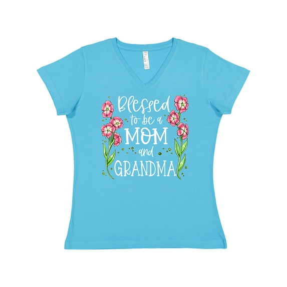 Inktastic Blessed to Be a Mom and Grandma Pink Flowers Women's V-Neck T-Shirt