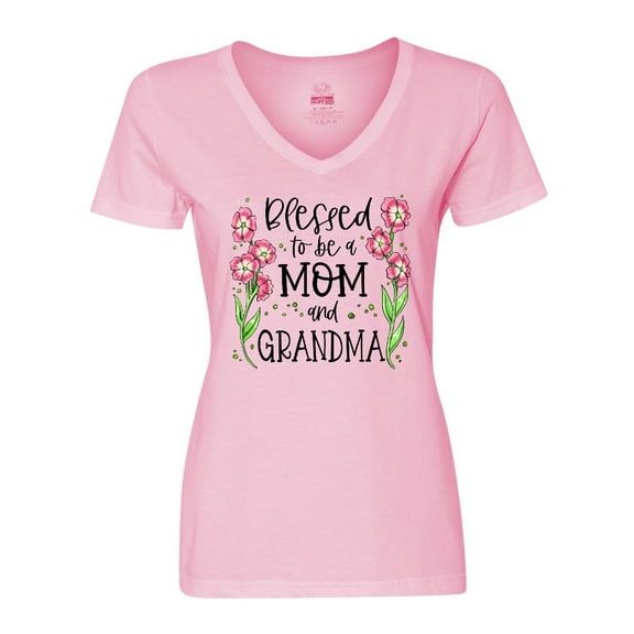 Inktastic Blessed to Be a Mom and Grandma Pink Flowers Women's V-Neck T-Shirt