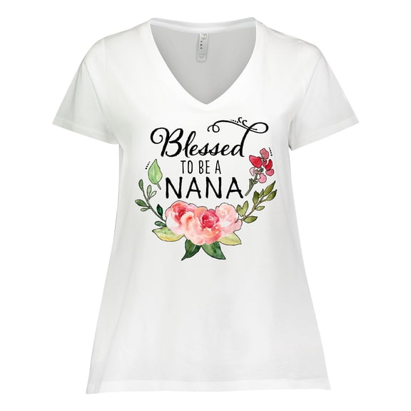 Inktastic Blessed to Be a Nana with Pink Flowers Women's Plus Size V-Neck T-Shirt