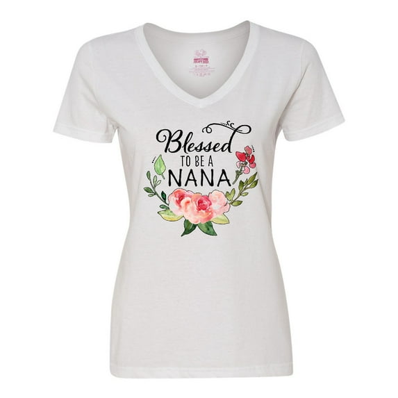 Inktastic Blessed to Be a Nana with Pink Flowers Women's V-Neck T-Shirt