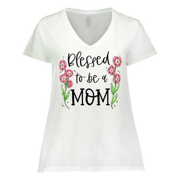Inktastic Blessed to be a Mom Pink Flowers Women's Plus Size V-Neck T-Shirt