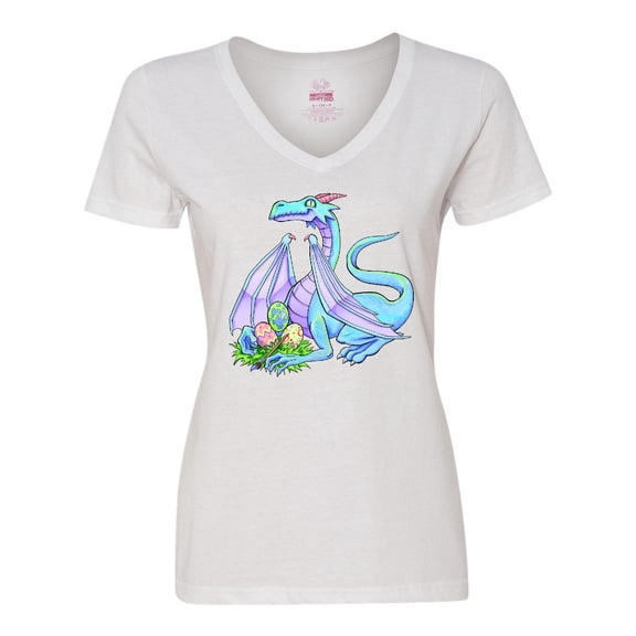 Inktastic Blue Easter Dragon with Painted Eggs Women's V-Neck T-Shirt