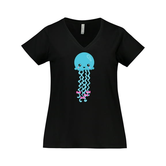 Inktastic Blue Jellyfish, Cute Jellyfish With Pink Ribbons Women's Plus Size V-Neck T-Shirt