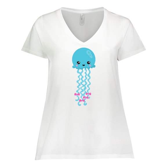 Inktastic Blue Jellyfish, Cute Jellyfish With Pink Ribbons Women's Plus Size V-Neck T-Shirt